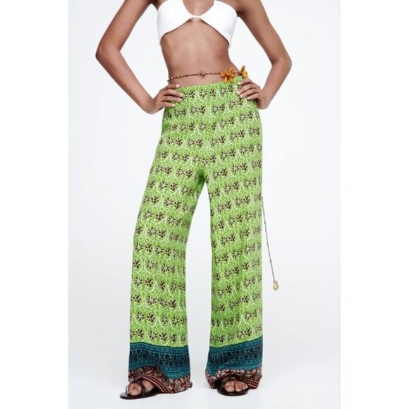 NWOT Zara green & multicolour abstract floral print high waist wide leg pants, S - Picture 5 of 14